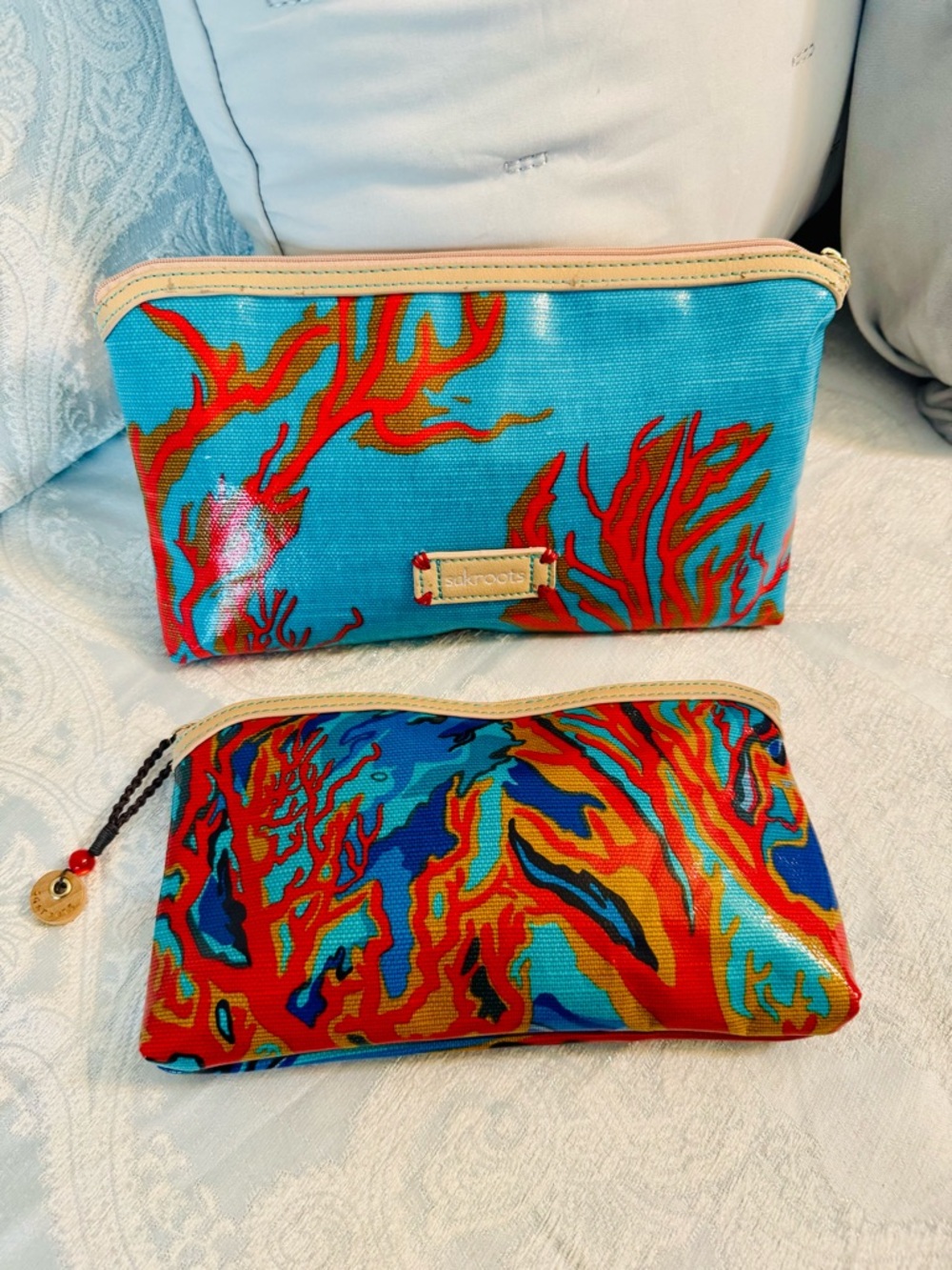 Sakroots Teal, Blue, Red Lined Zip Pouches with Beige Trim (1 Pouch)